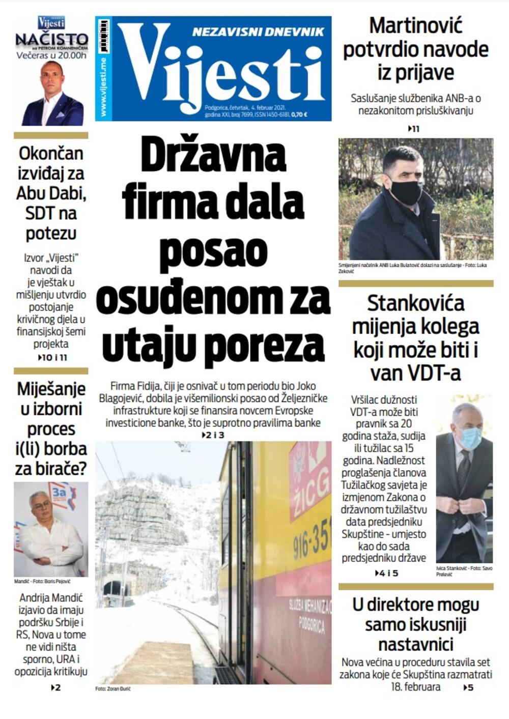 Naslovna strana "Vijesti" za četvrtak 4. februar 2021. godine., Foto: Vijesti
