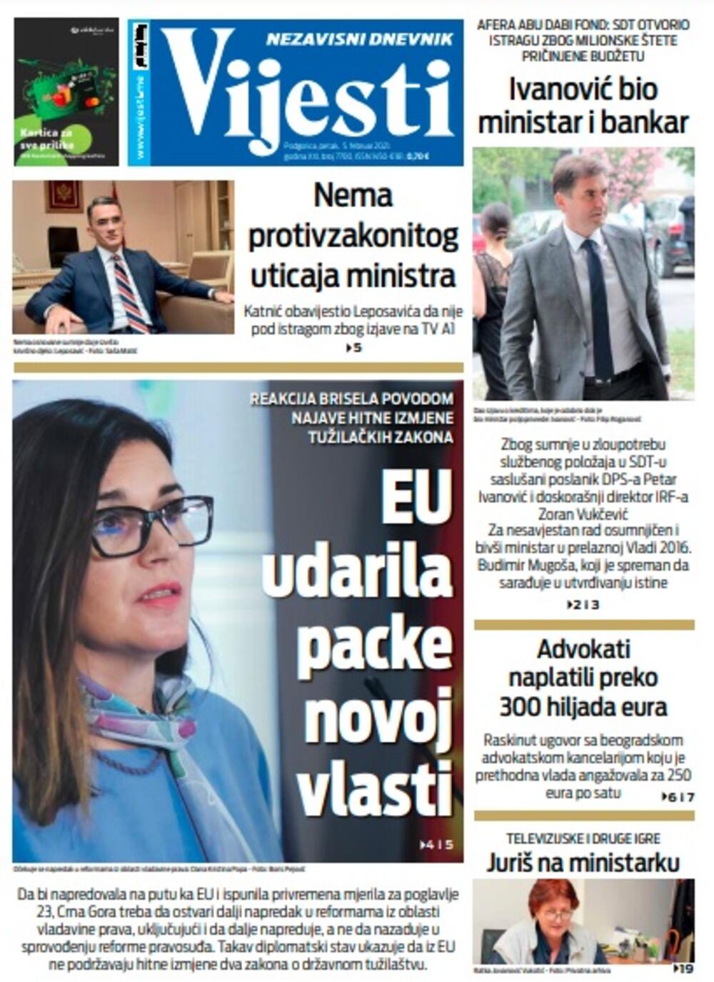 Naslovna strana "Vijesti" za petak 5. februar 2021. godine, Foto: Vijesti