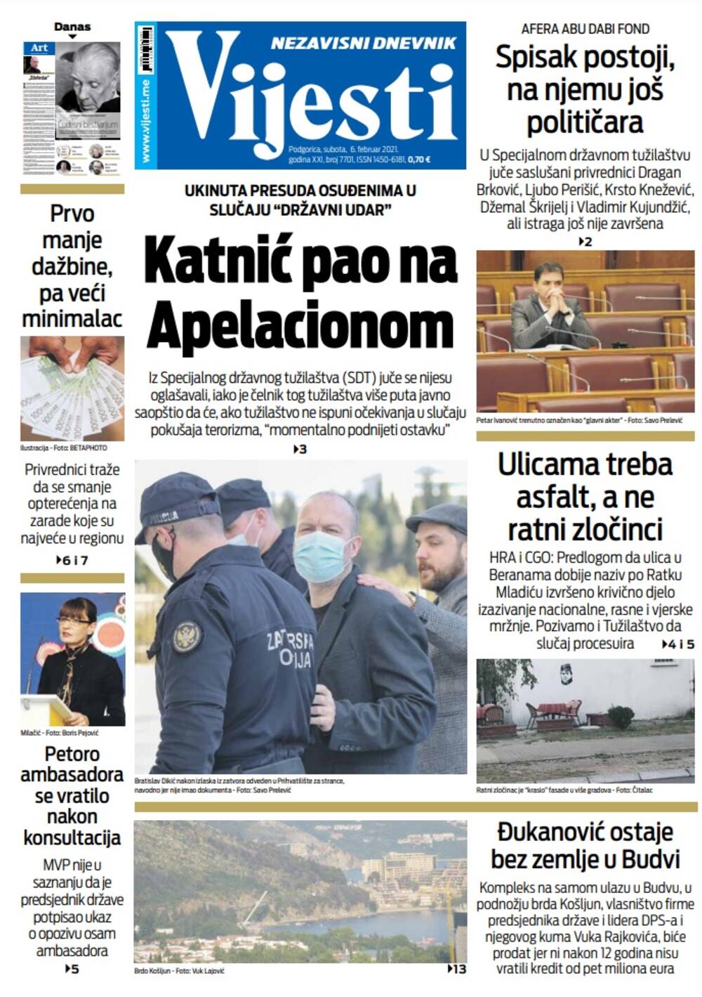 Naslovna strana "Vijesti" za subotu 6. februar 2021. godine, Foto: Vijesti