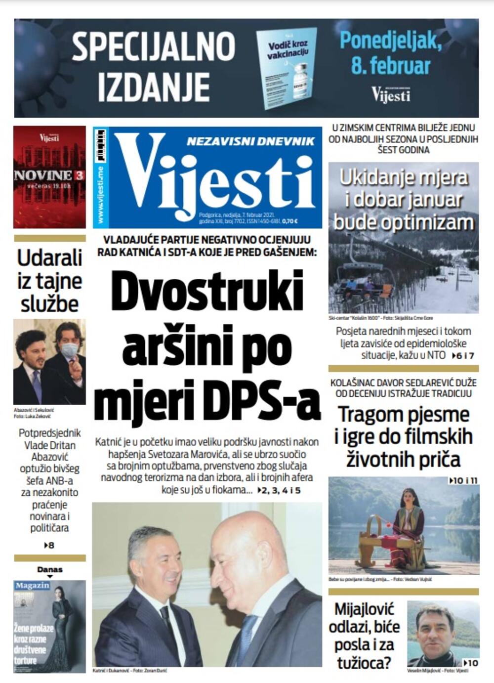 Naslovna strana "Vijesti" za 7. februar 2021. godine, Foto: Vijesti