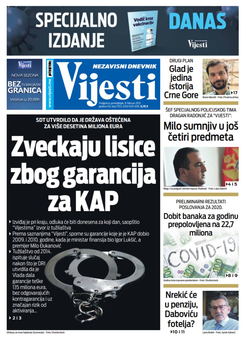 Naslovna strana Vijesti za 8.2.2021., Foto: Vijesti