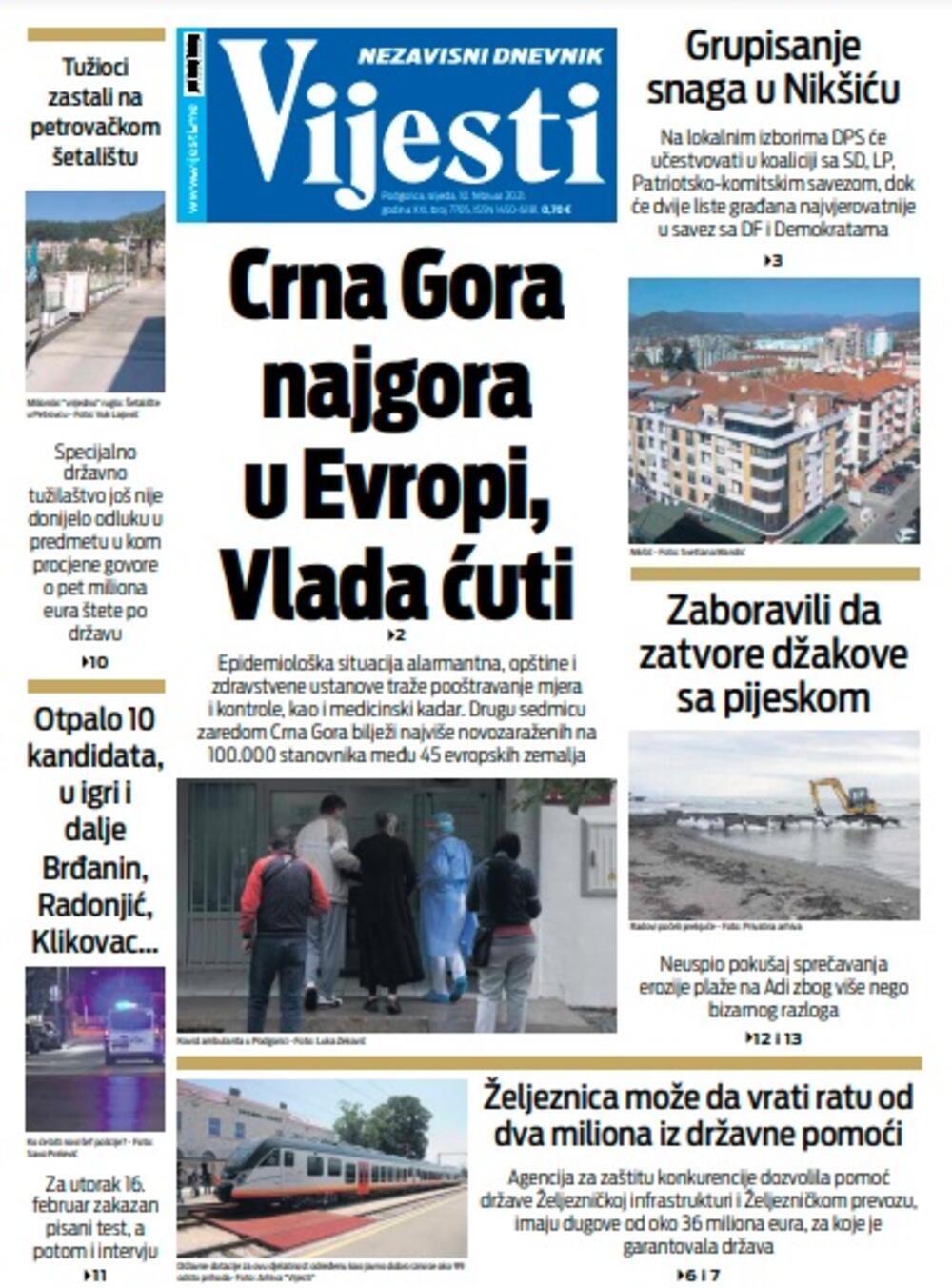 Naslovna strana "Vijesti" za srijedu 10. februar 2021. godine, Foto: Vijesti