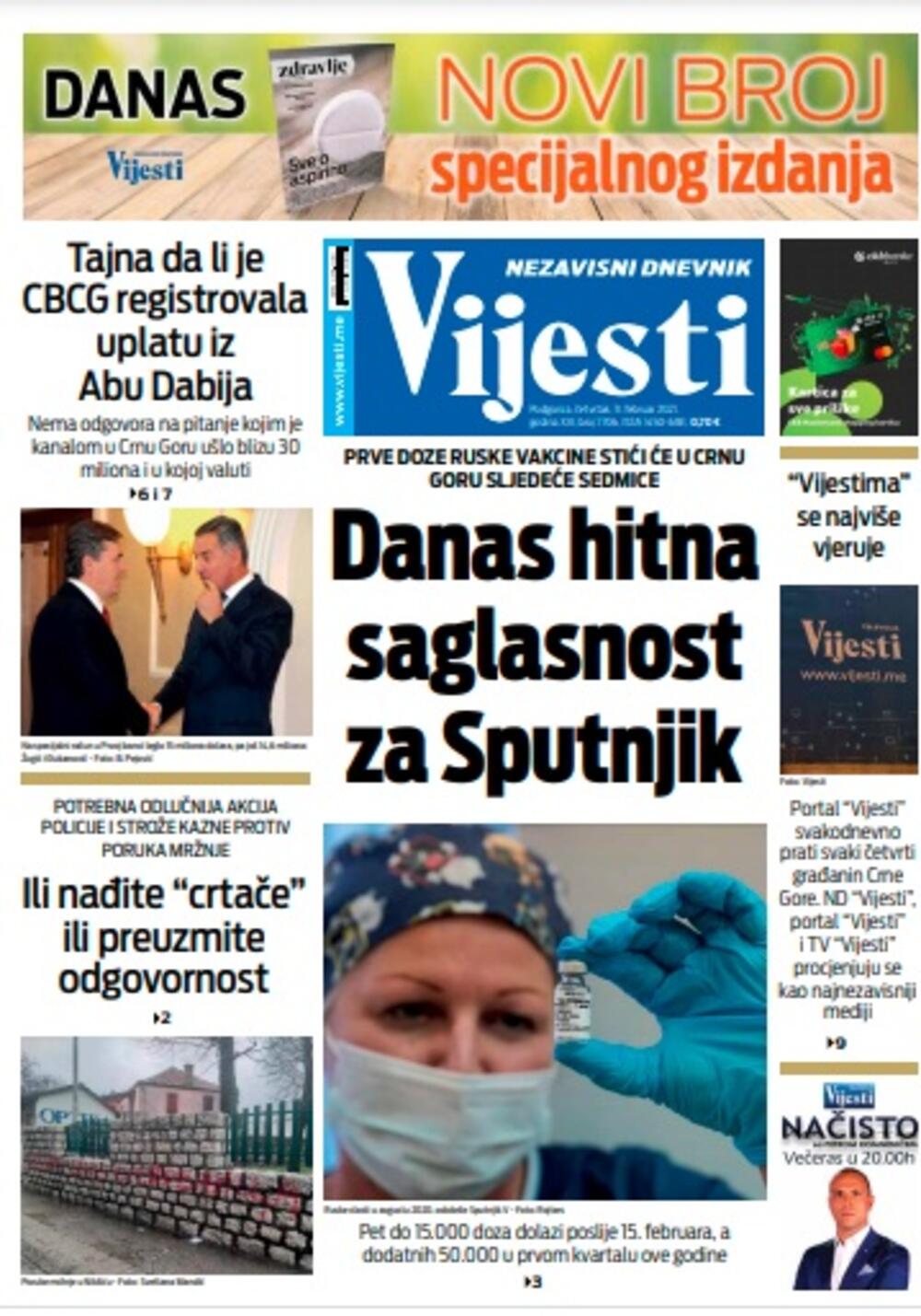 Naslovna strana "Vijesti" za četvrtak 11. februar 2021. godine, Foto: Vijesti