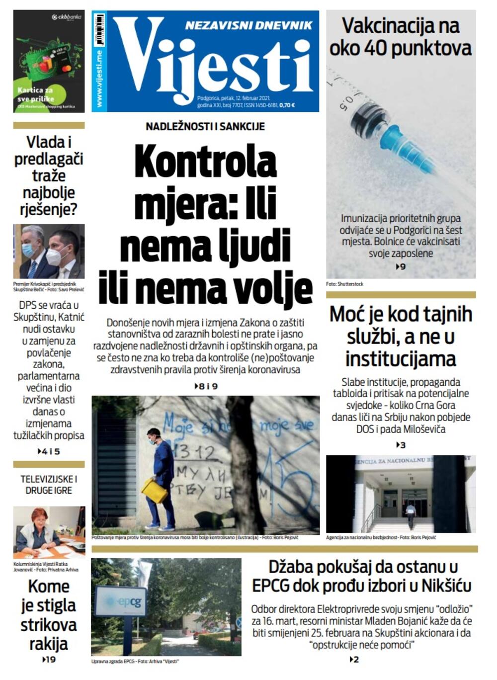 Naslovna strana "Vijesti" za petak 12. februar 2021. godine, Foto: Vijesti