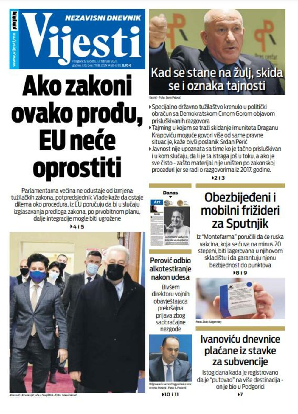Naslovna strana "Vijesti" za subotu 13. februara 2021. godine, Foto: Vijesti