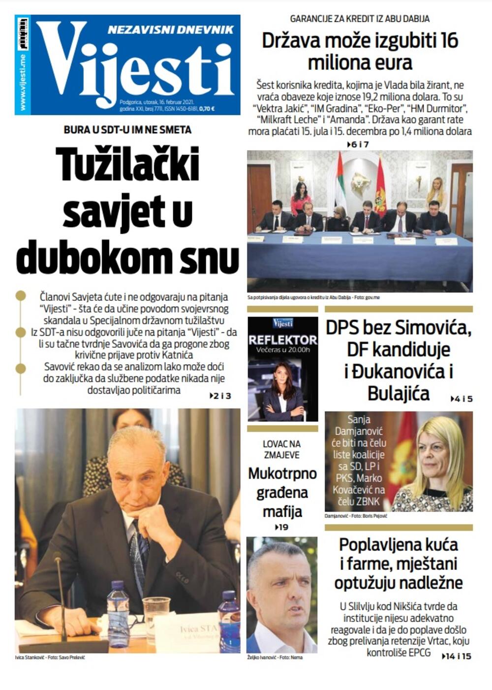 Naslovna strana Vijesti za utorak 16. februar 2021. godine, Foto: Vijesti