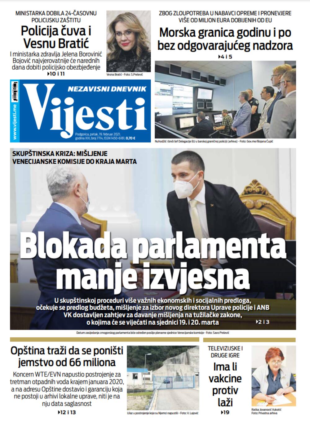Naslovna strana "Vijesti" za petak 19. februar 2021. godine, Foto: Vijesti