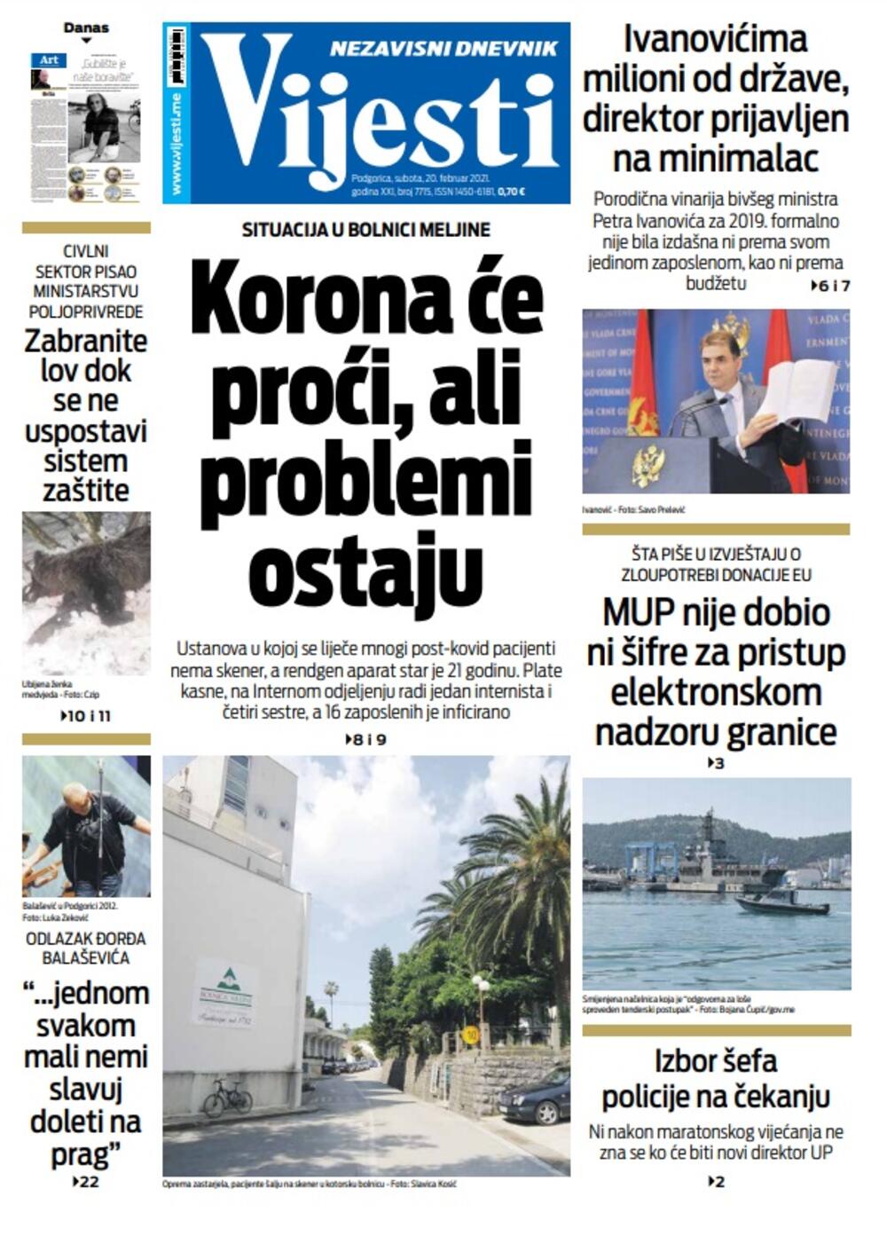 Naslovna strana "Vijesti" za 20.2.2021., Foto: Vijesti