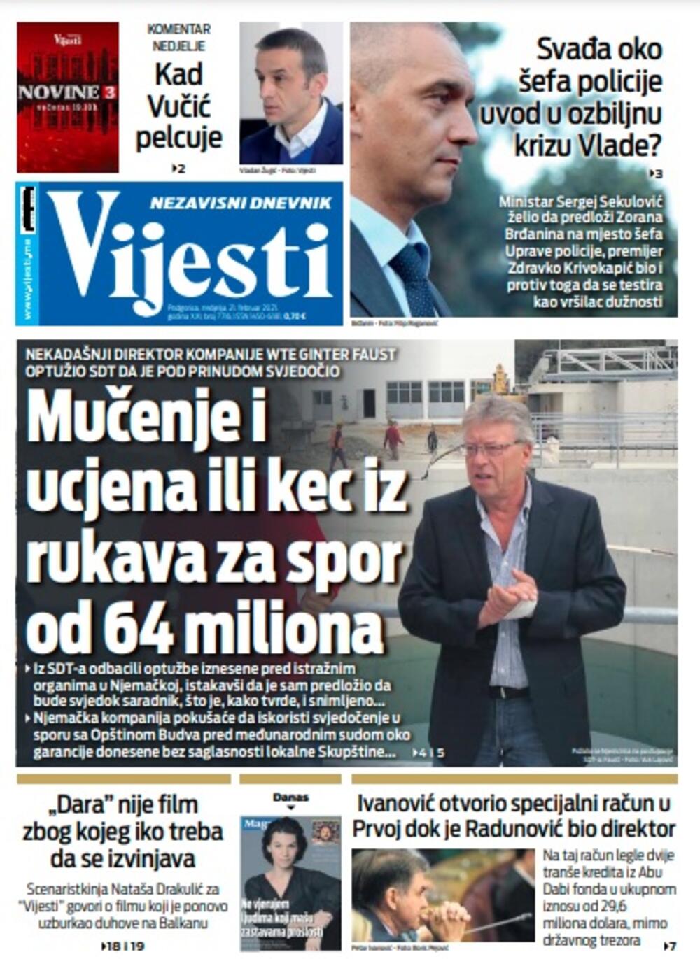 Naslovna strana "Vijesti" za nedjelju 21. februar 2021. godine, Foto: Vijesti
