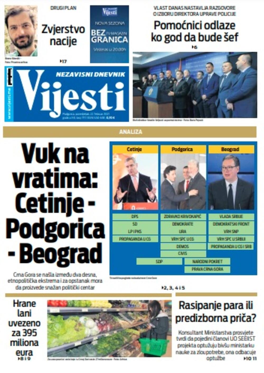 Naslovna strana "Vijesti" za ponedjeljak 22. februar 2021. godine, Foto: Vijesti