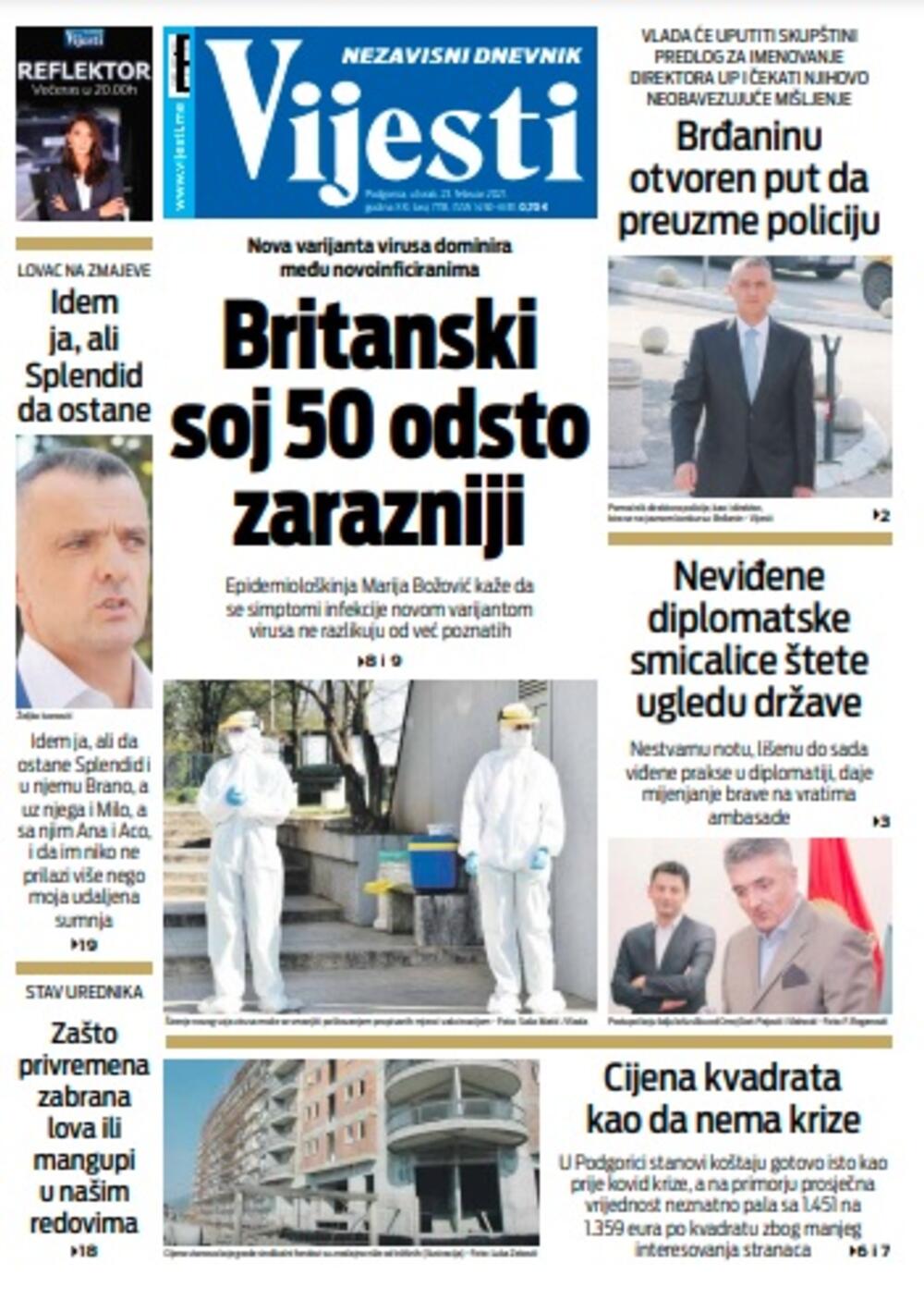 Naslovna strana "Vijesti" za utorak 23. februar 2021. godine, Foto: Vijesti
