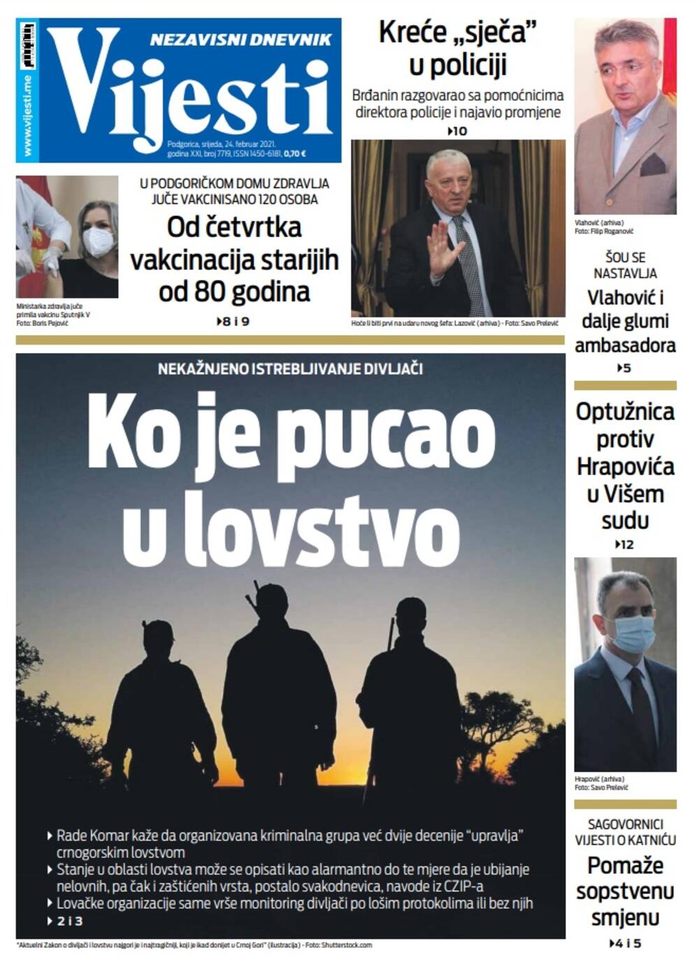 Naslovna strana "Vijesti" za srijedu 24. februar 2021. godine, Foto: Vijesti