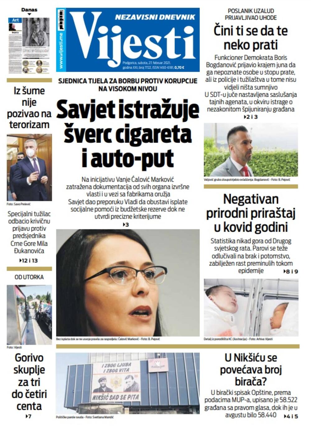 Naslovna strana Vijesti za 27.2.2021., Foto: Vijesti