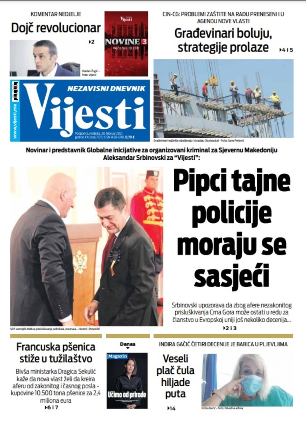 Naslovna strana Vijesti za 28.2.2021., Foto: Vijesti