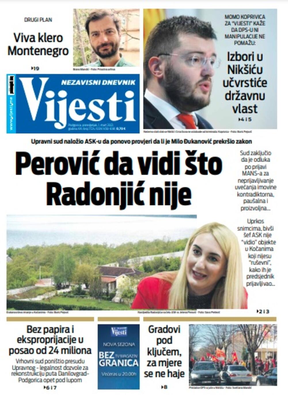 Naslovna strana "Vijesti" za ponedjeljak 1. mart 2021. godine, Foto: Vijesti