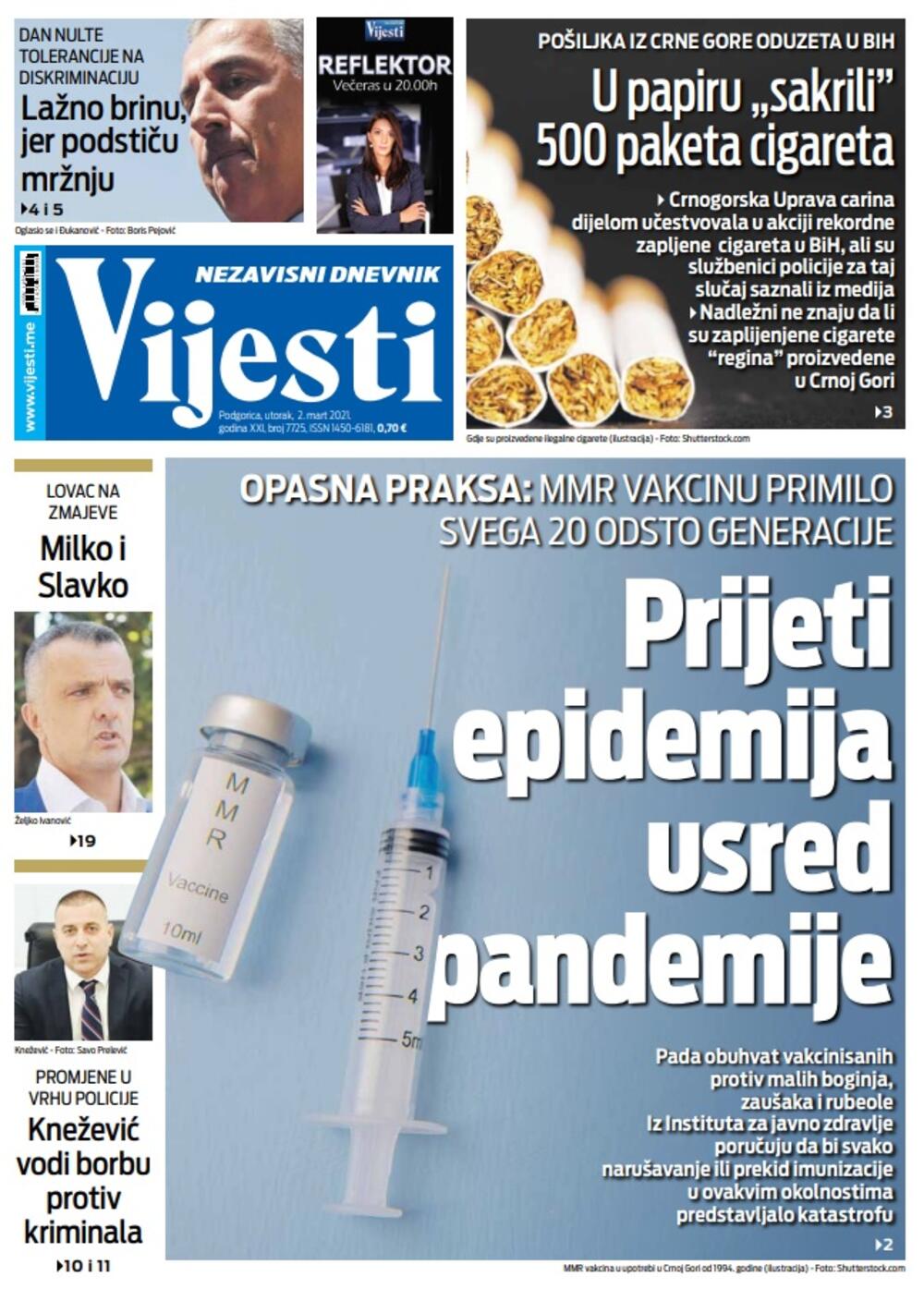 Naslovna strana "Vijesti" za utorak 2. mart 2021. godine, Foto: Vijesti