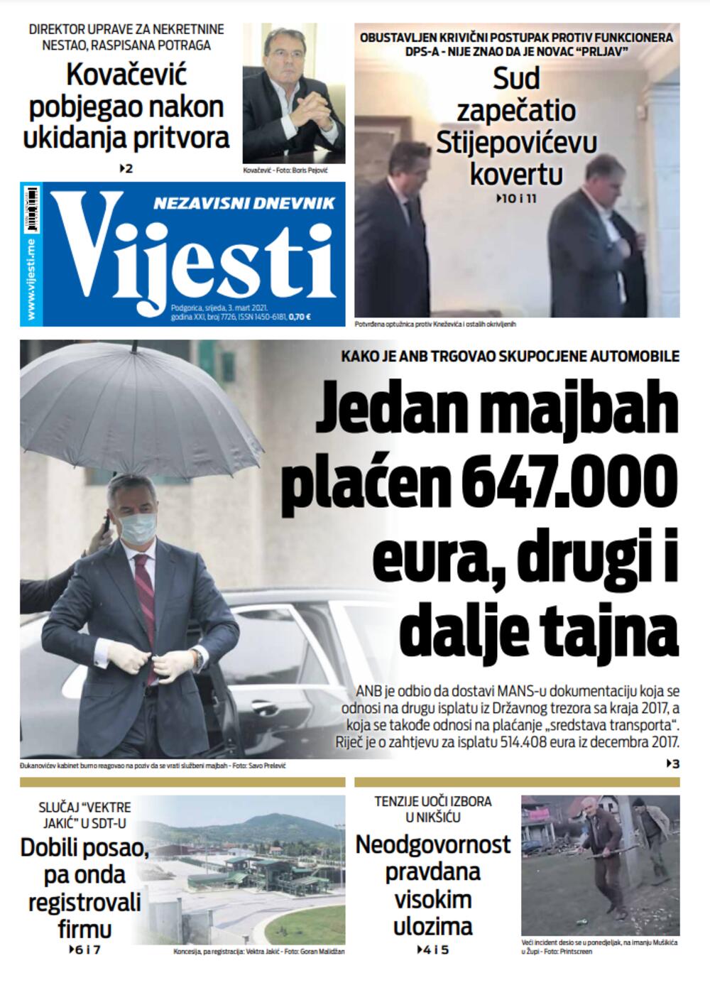Naslovna strana "Vijesti" za srijedu 3. mart 2021. godine, Foto: Vijesti