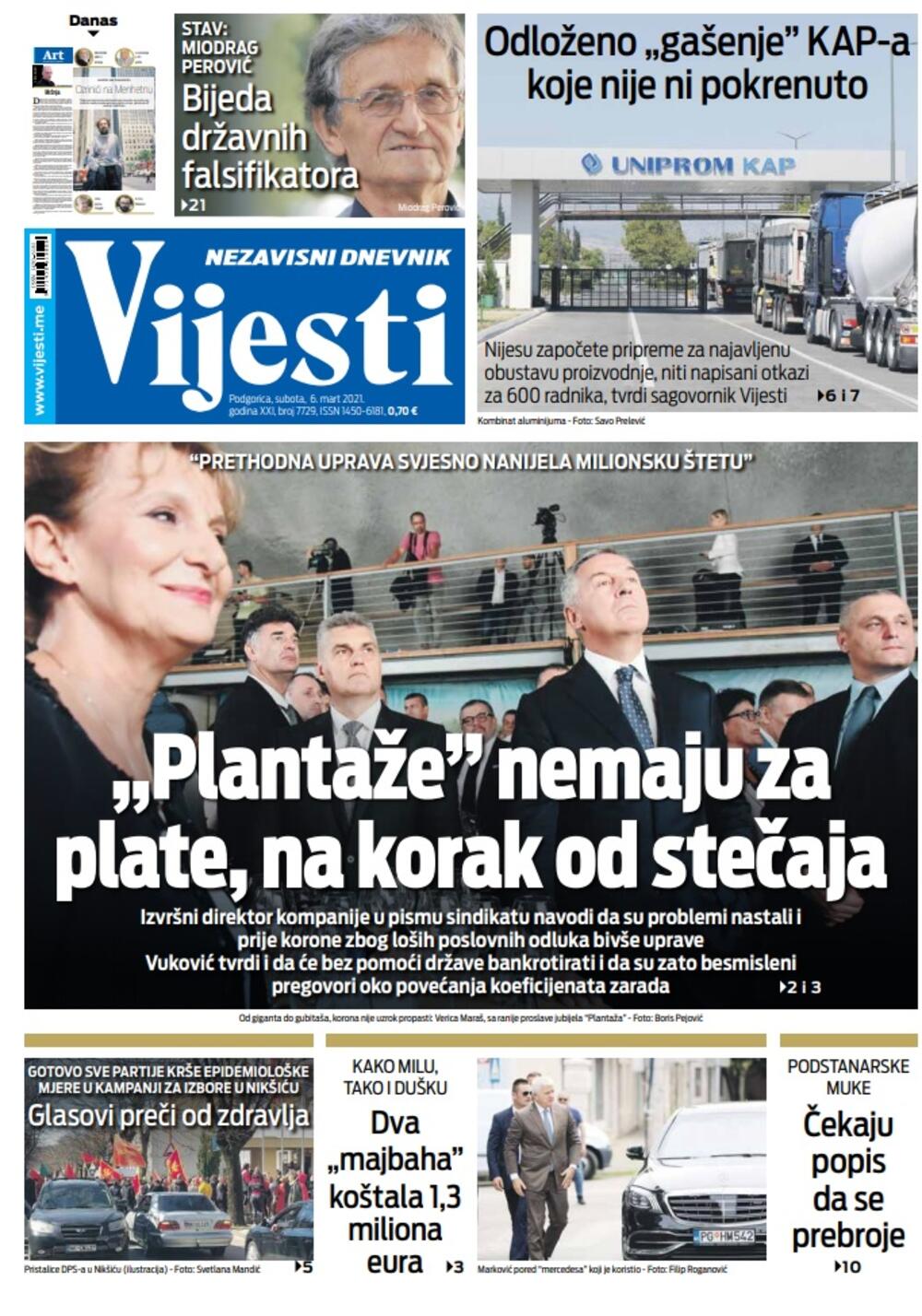 Naslovna strana "Vijesti" za subotu 6. mart 2021. godine, Foto: Vijesti