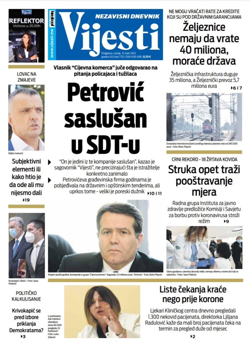 Naslovna strana Vijesti za 9. mart 2021., Foto: Vijesti