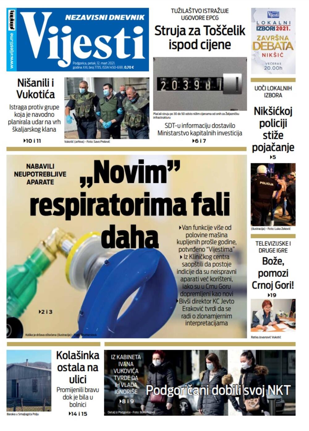 Naslovna strana "Vijesti" za petak 12. mart 2021. godine, Foto: Vijesti