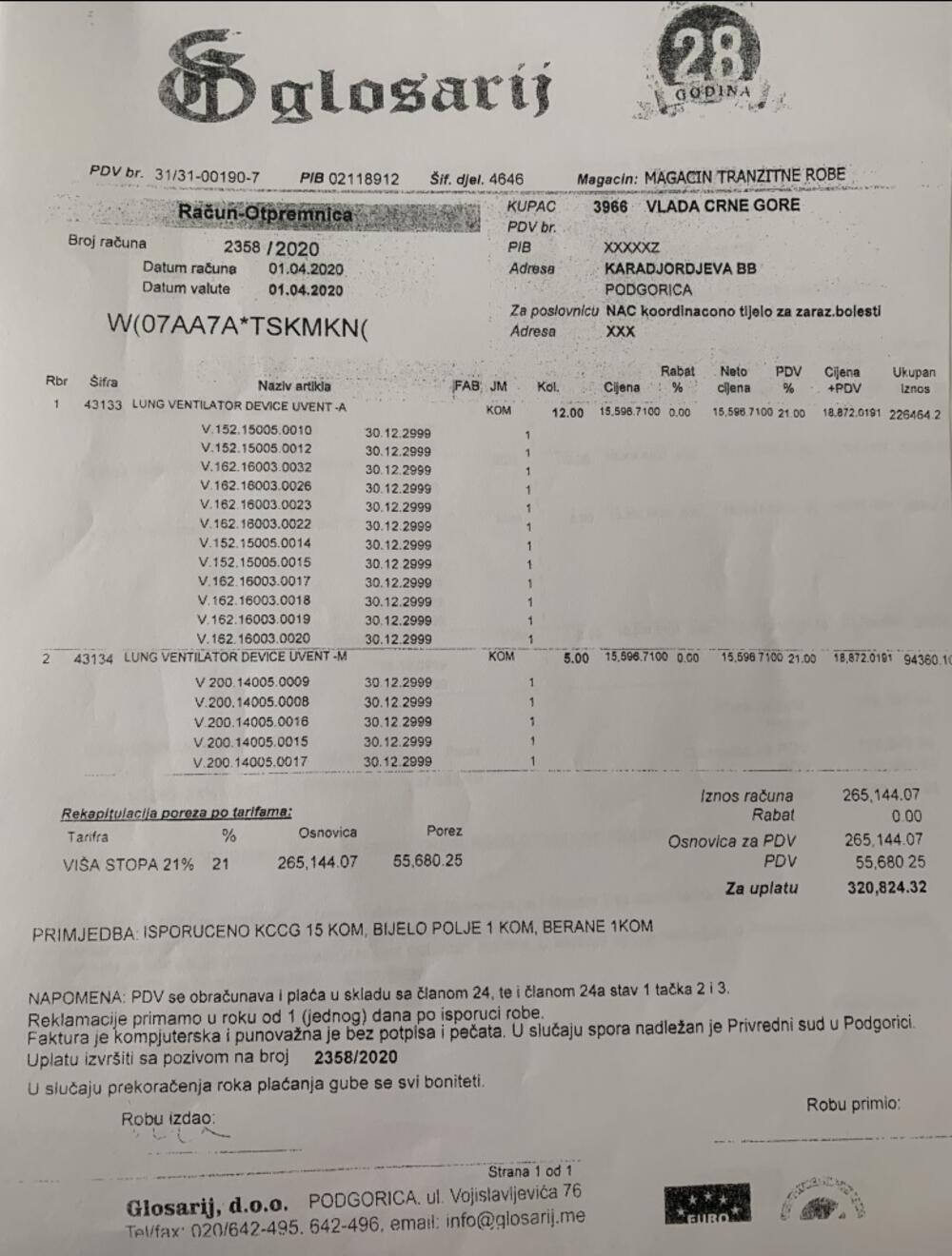  Jedna od faktura ispostavljenih Vladi i NKT