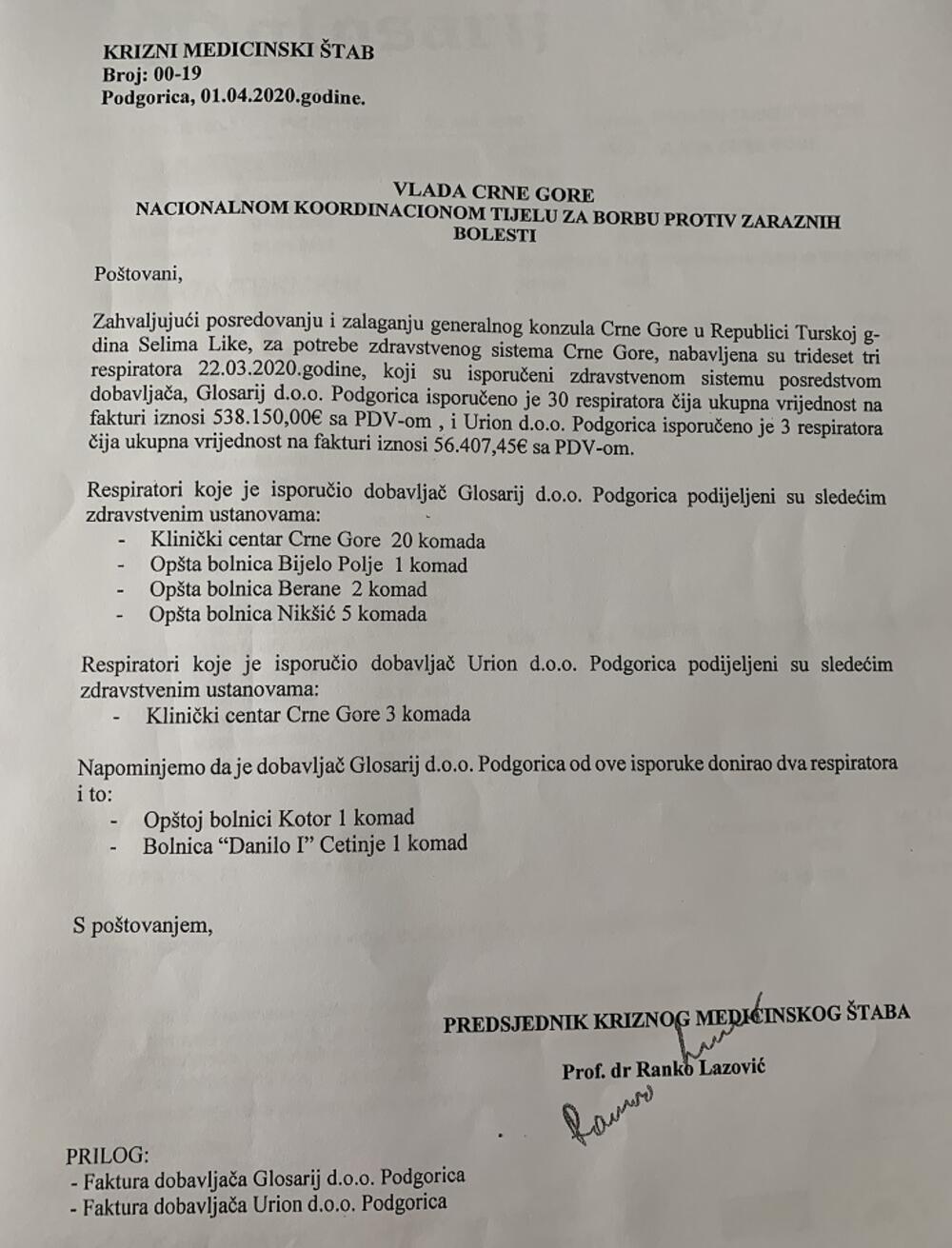 Dopis Kriznog štaba Vladi i NKT