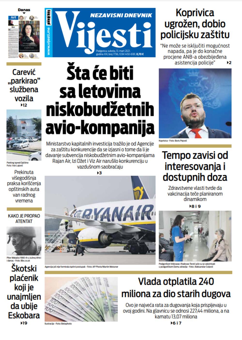 Naslovna strana "Vijesti" za subotu 13. mart 2021. godine, Foto: Vijesti