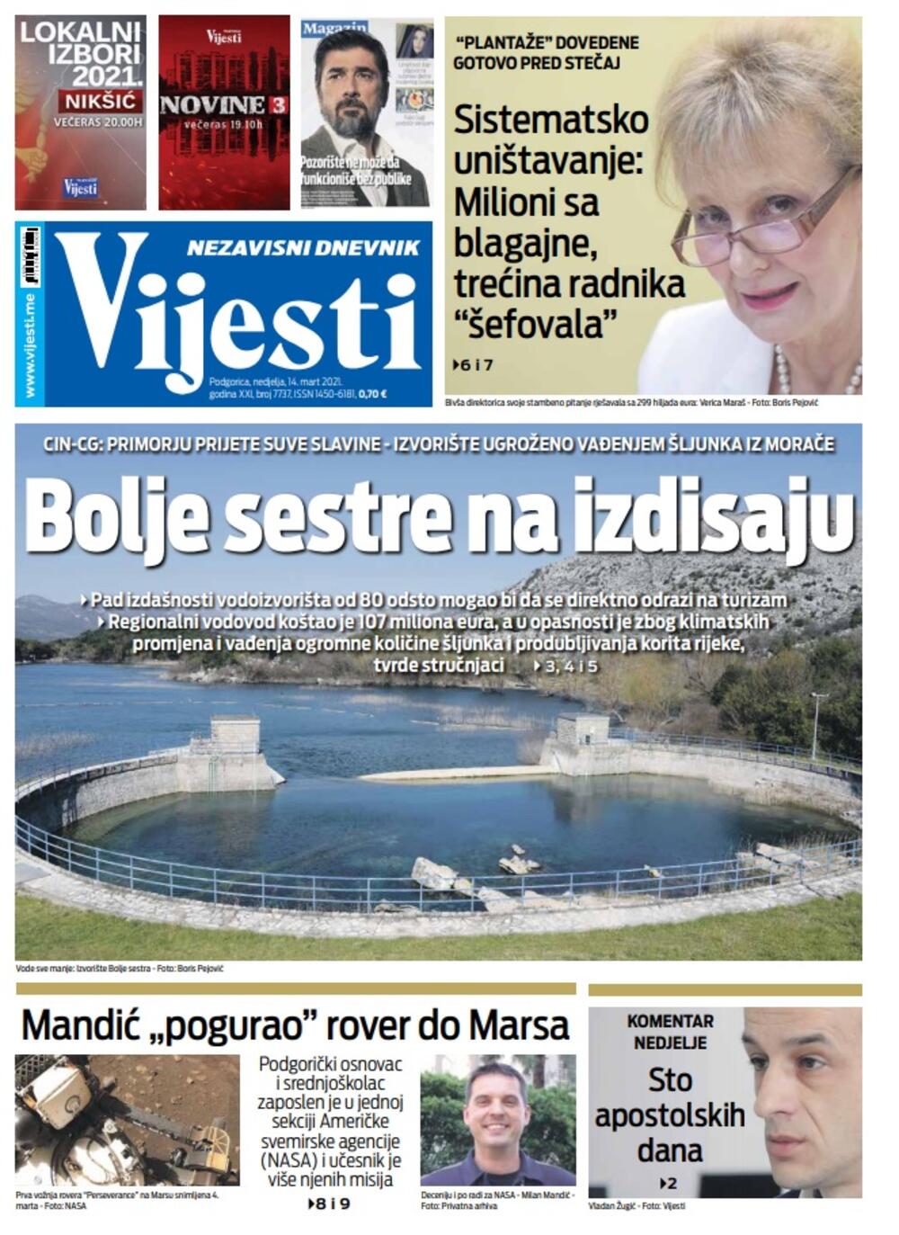 Naslovna strana "Vijesti" za nedjelju 14. mart 2021. godine, Foto: Vijesti
