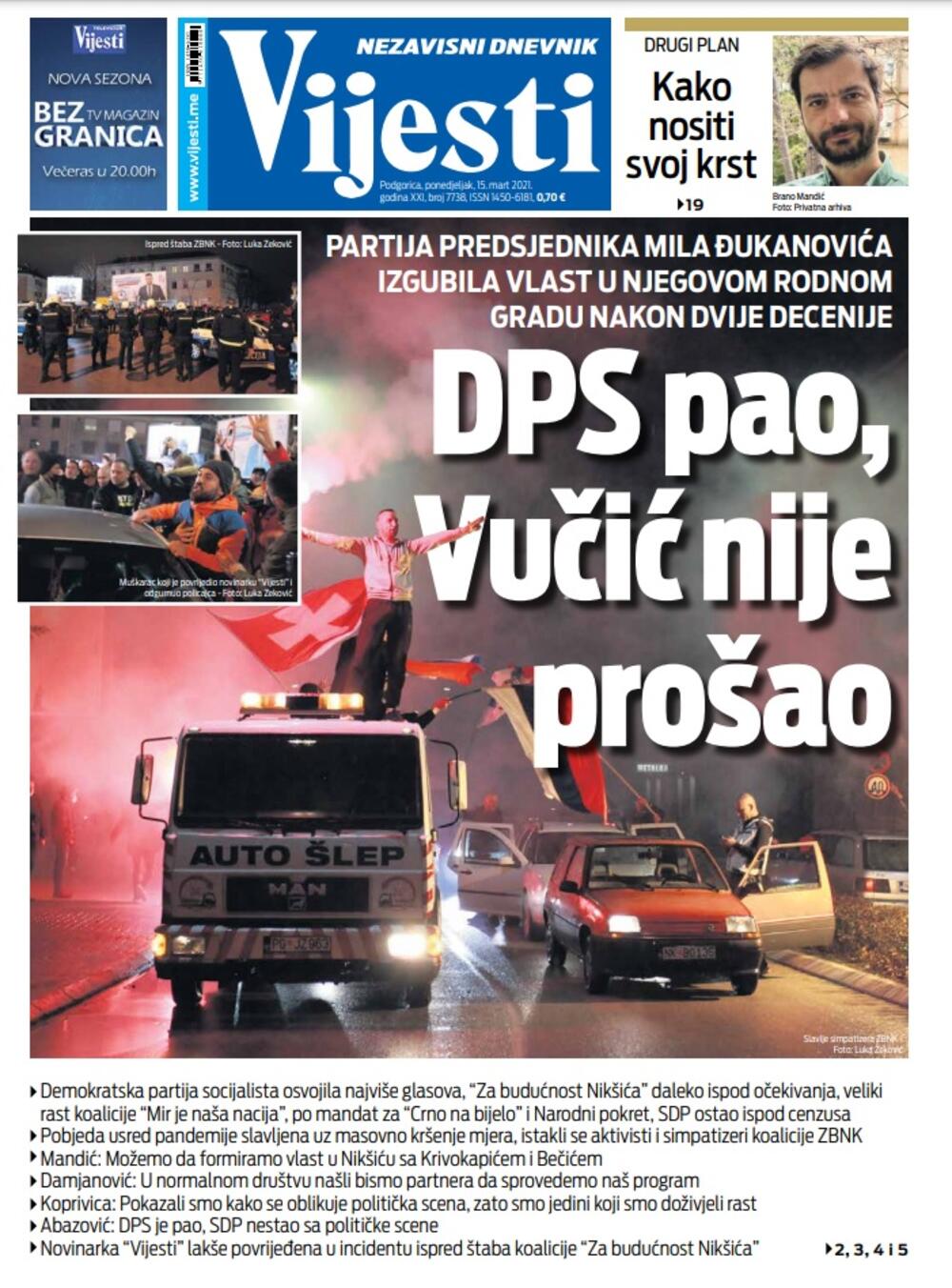 Naslovna strana "Vijesti" za 15. mart 2021., Foto: Vijesti