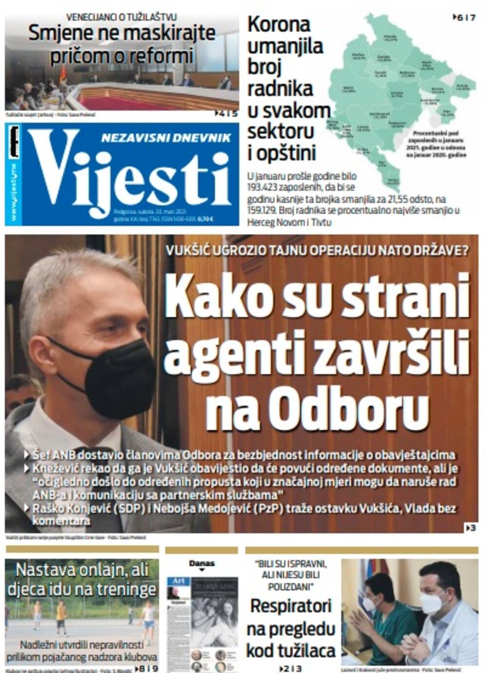Naslovna strana "Vijesti" za subotu 20. mart 2021. godine, Foto: Vijesti