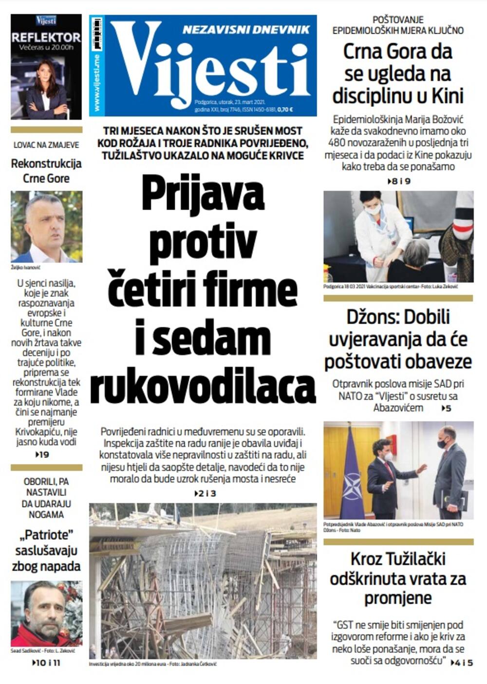 Naslovna strana "Vijesti" 23. mart 2021., Foto: Vijesti
