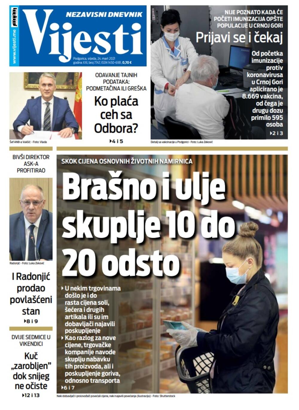 Naslovna strana "Vijesti" za srijedu 24. mart 2021. godine, Foto: Vijesti