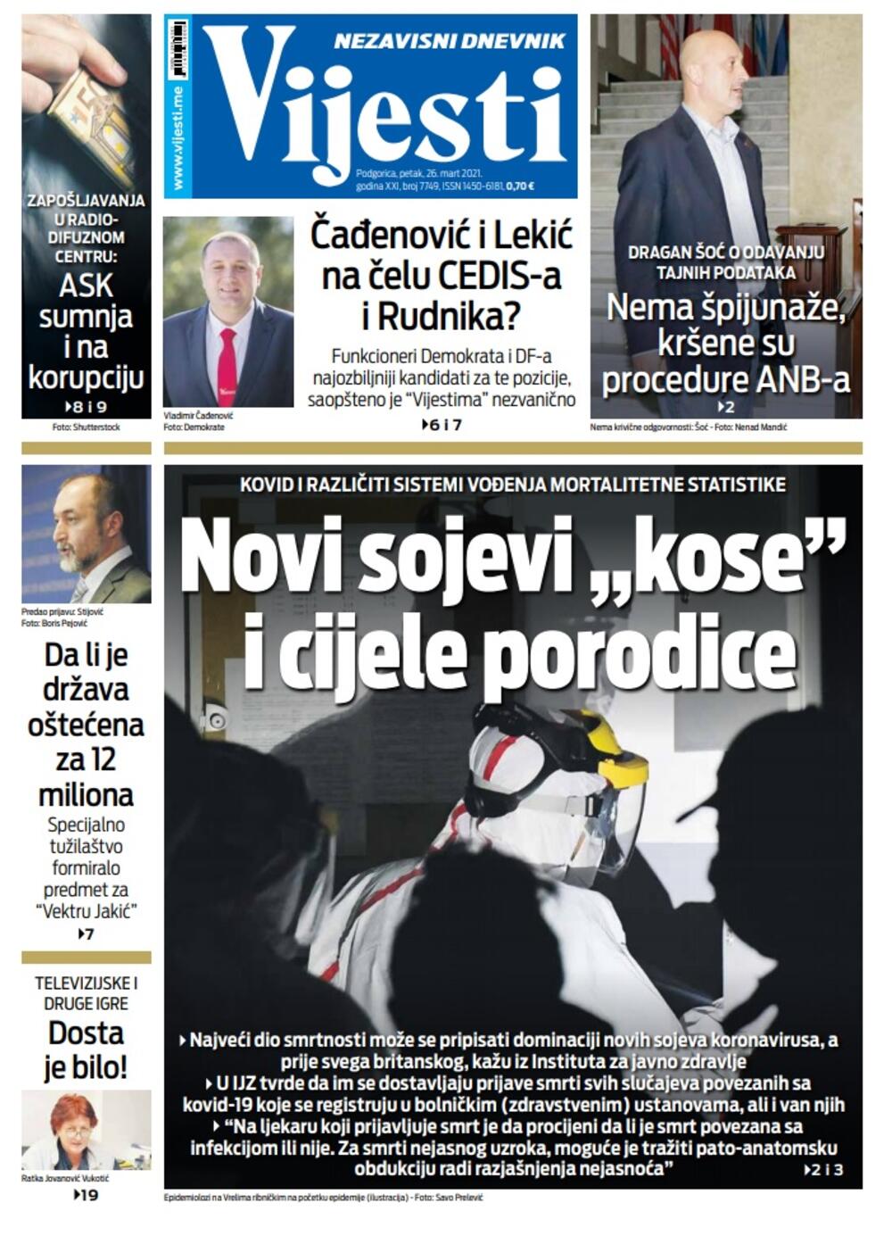Naslovna strana "Vijesti" za petak 26. mart 2021. godine, Foto: Vijesti