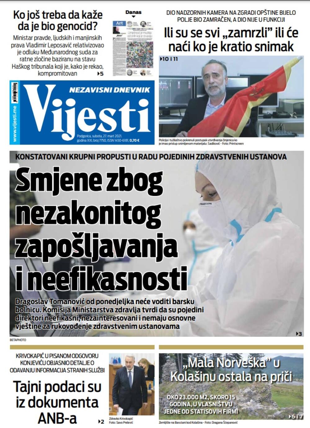 Naslovna strana "Vijesti" za 27. mart 2021., Foto: Vijesti