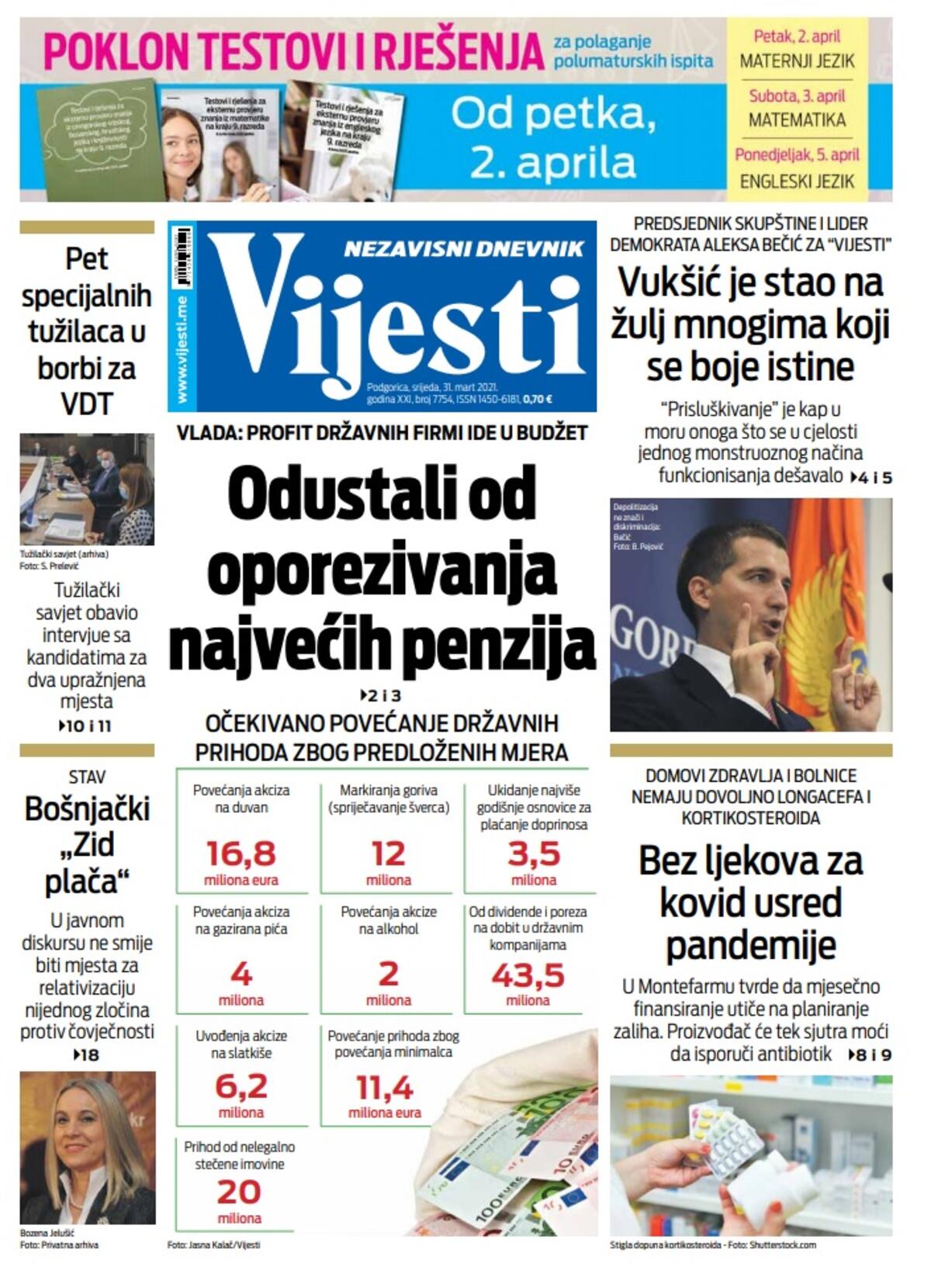 Naslovna strana "Vijesti" za srijedu 31. mart 2021. godine, Foto: Vijesti