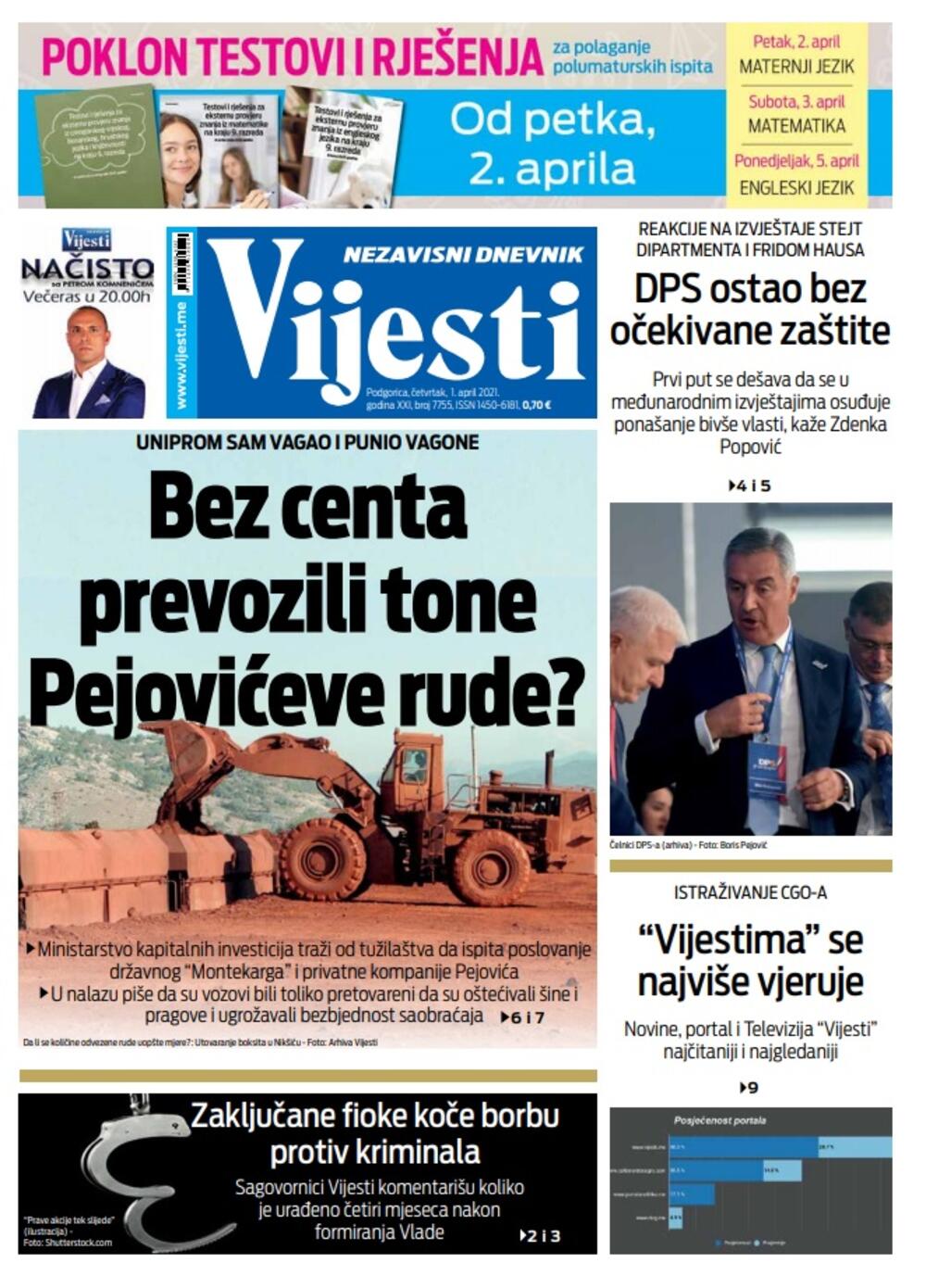 Naslovna strana "Vijesti" za četvrtak 1. april 2021. godine, Foto: Vijesti