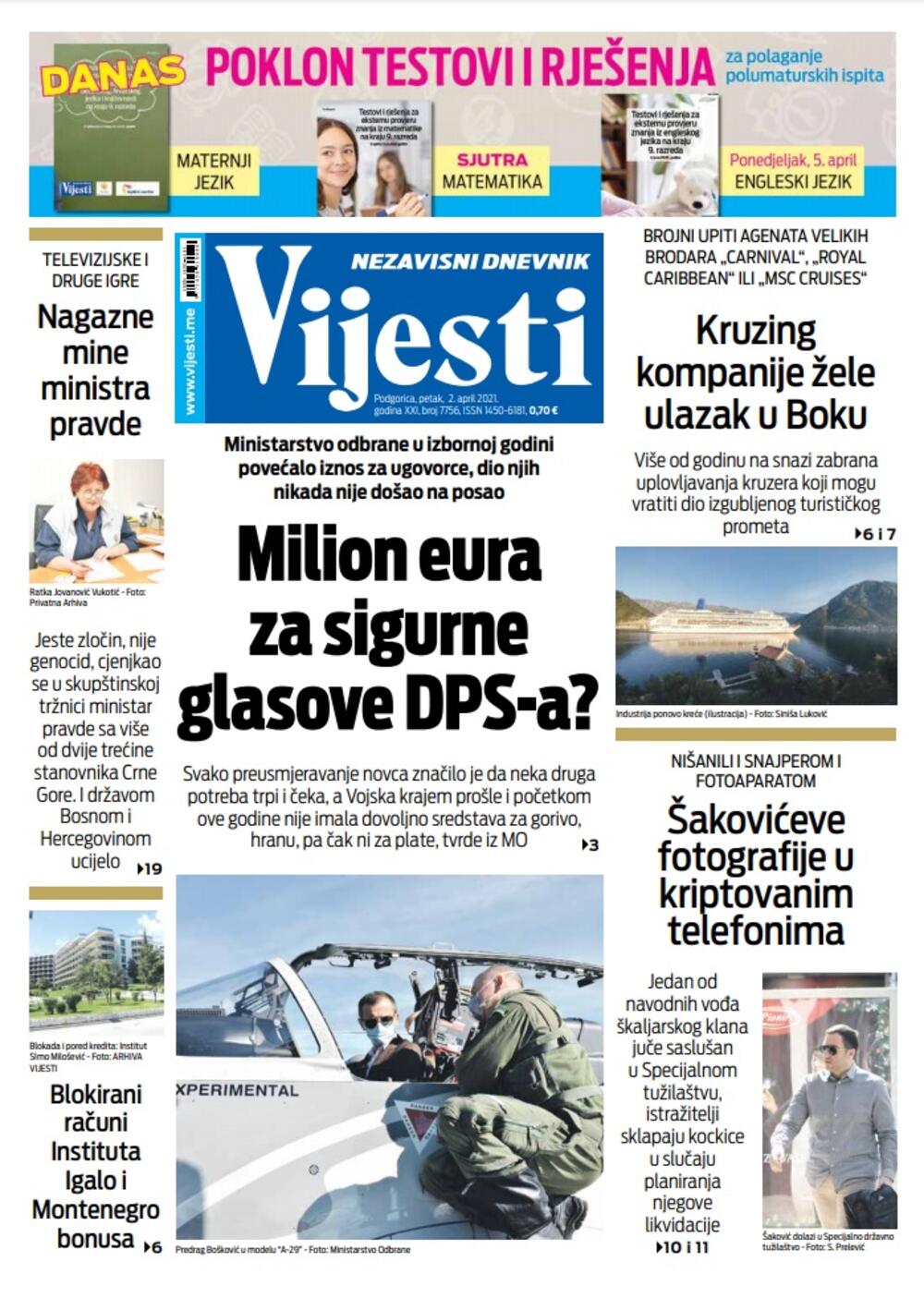 Naslovna strana "Vijesti" za 2. april 2021., Foto: Vijesti