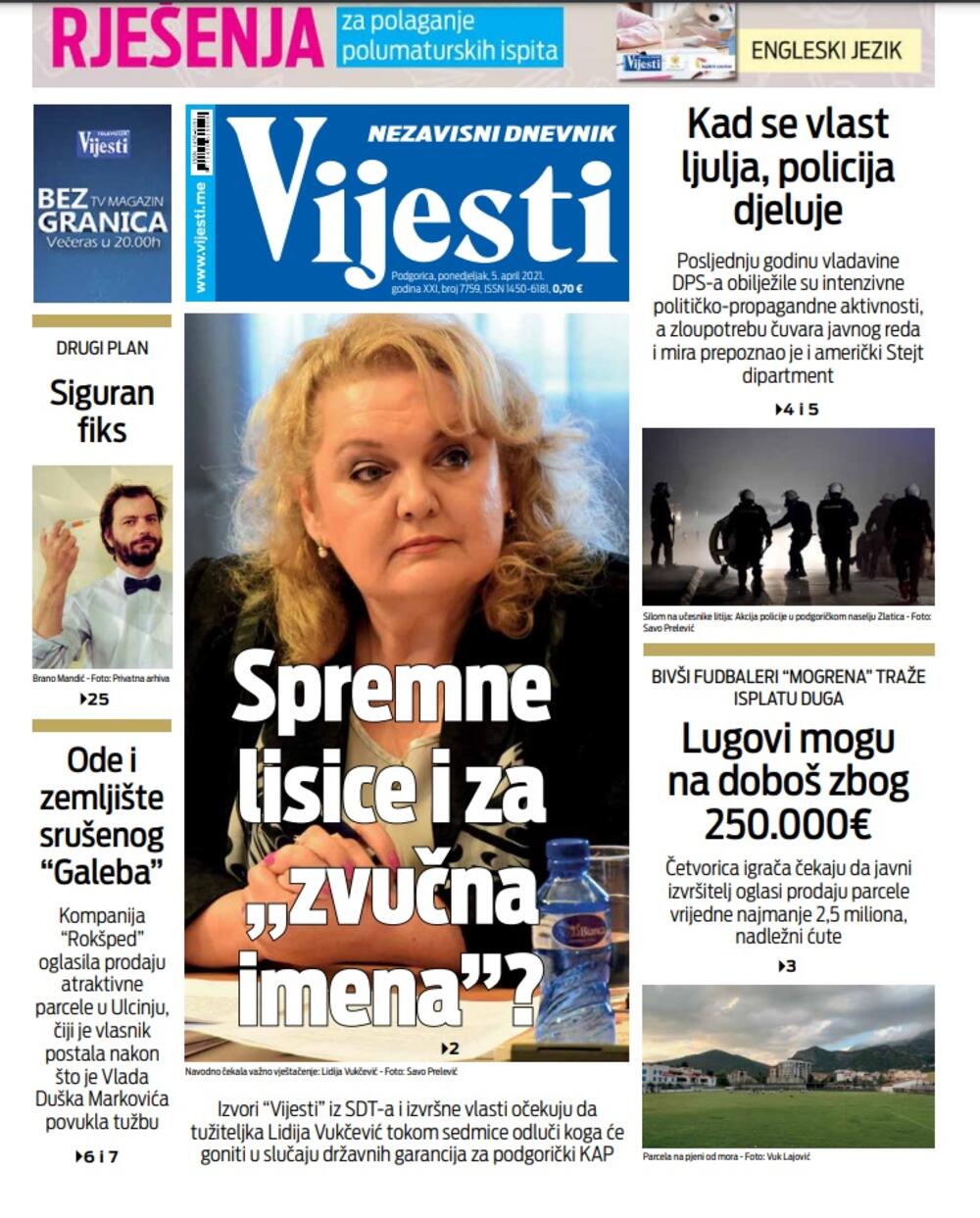 Naslovna strana "Vijesti" za 5.4.2021., Foto: Vijesti