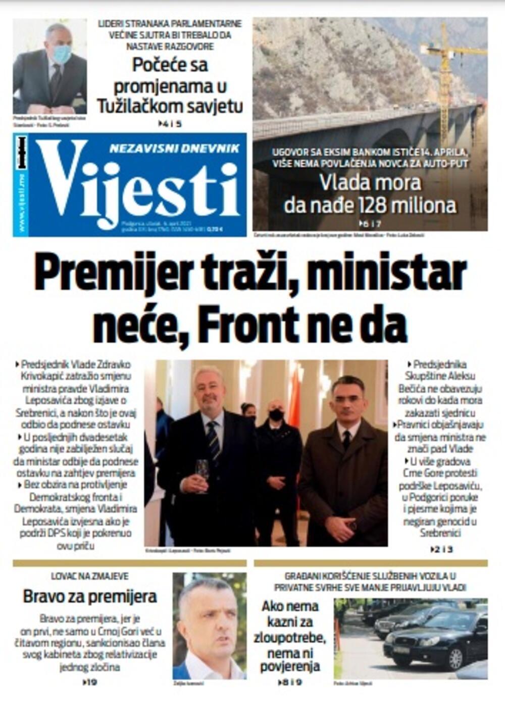 Naslovna strana "Vijesti" za utorak 6. april 2021. godine, Foto: Vijesti