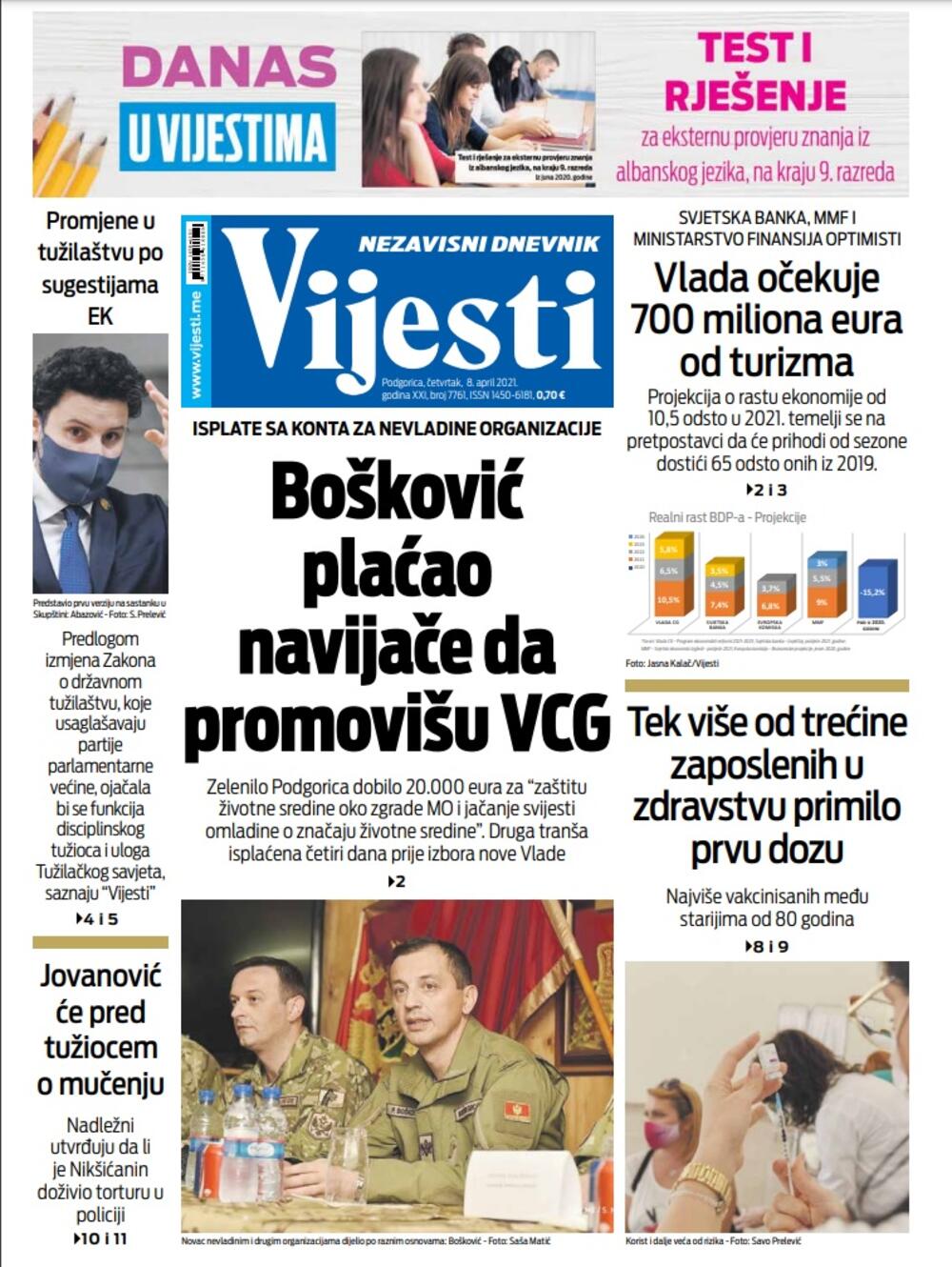 Naslovna strana "Vijesti" za 8. april 2021., Foto: Vijesti