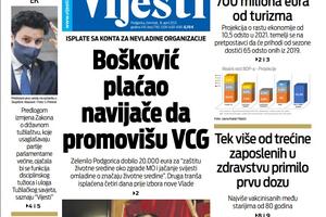 Naslovna strana "Vijesti" za 8. april 2021.