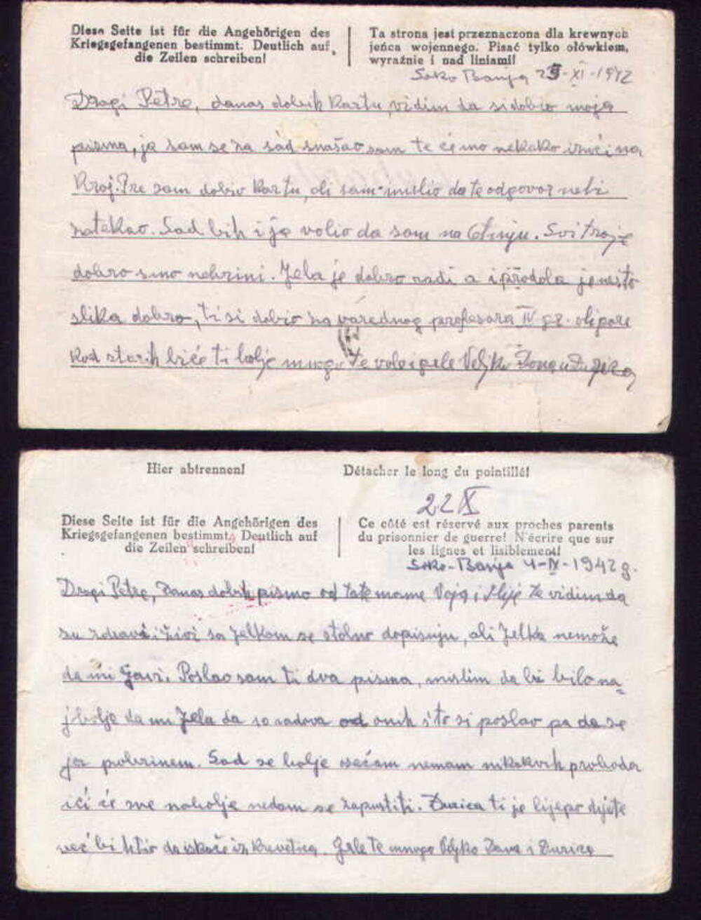 Pisma upućena Petru Lubardi u kojima ga njegov brat Veljko obavještava da će biti pušten iz zarobljeništva