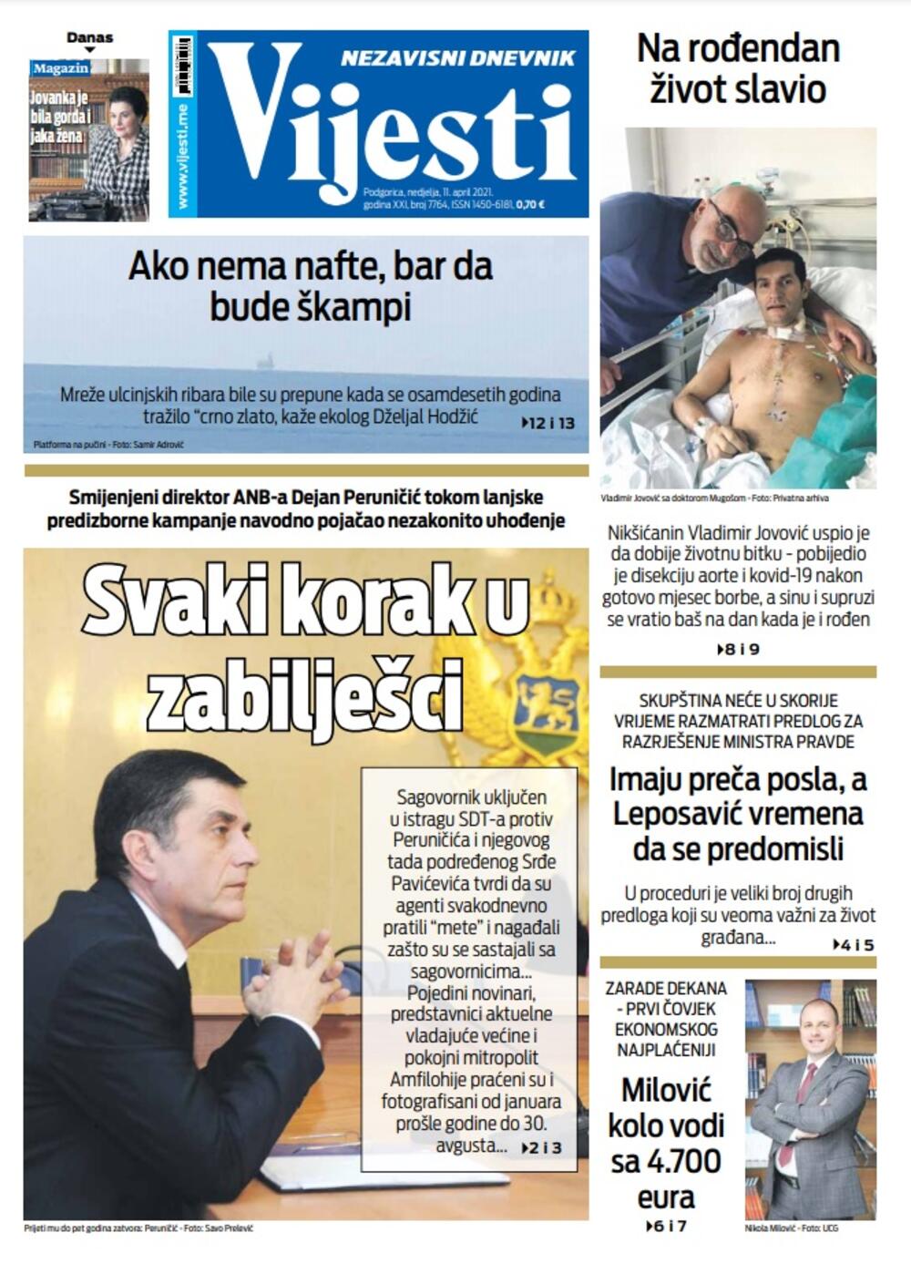 Naslovna strana "Vijesti" za 11. april 2021., Foto: Vijesti