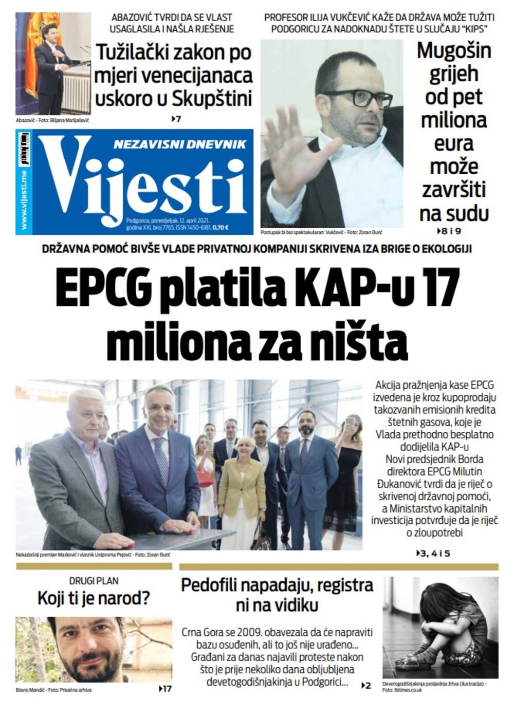 Naslovna strana "Vijesti" za ponedjeljak 12. april 2021. godine, Foto: Vijesti