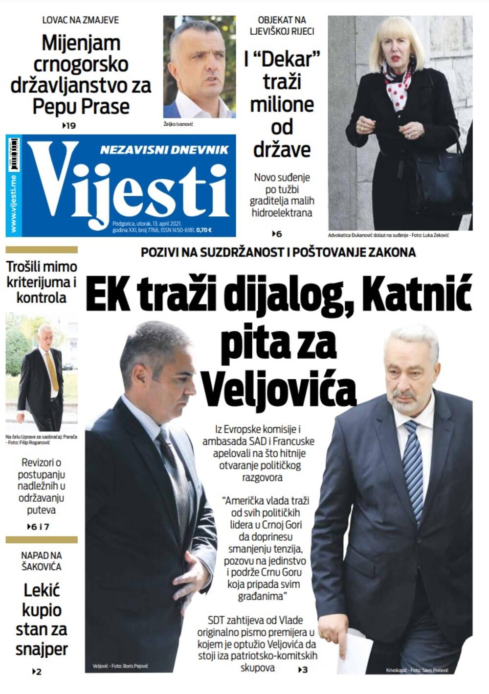 Naslovna strana "Vijesti" za utorak 13. april 2021. godine, Foto: Vijesti