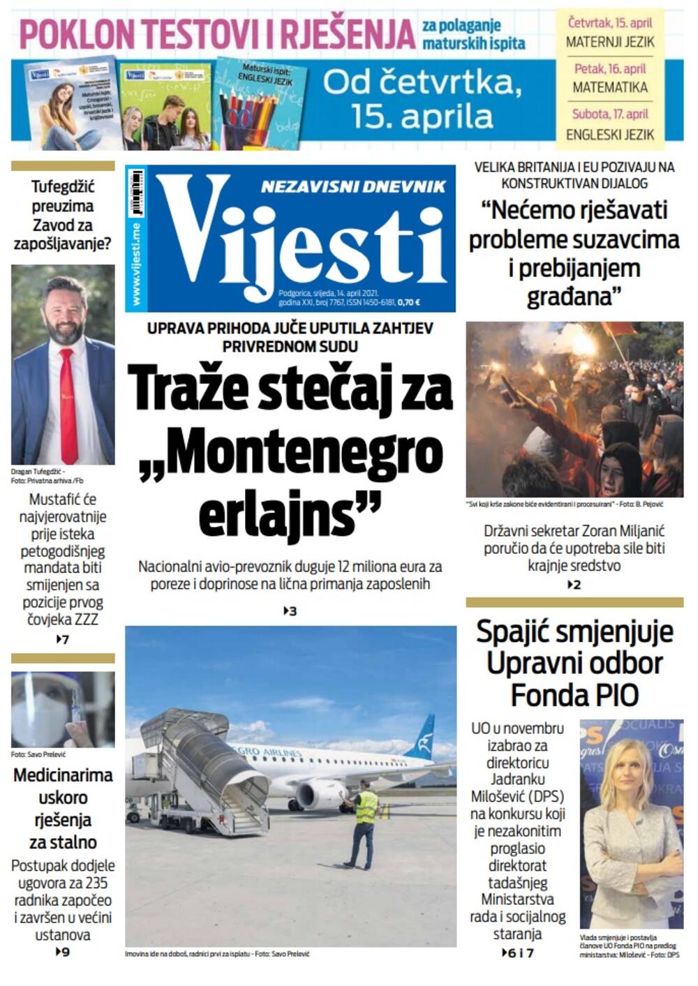 Naslovna strana "Vijesti" za srijedu 14. april 2021. godine, Foto: Vijesti