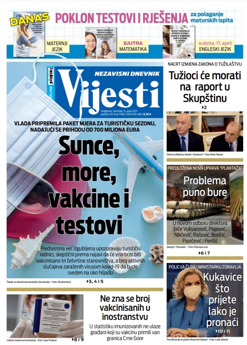 Naslovna strana "Vijesti" za 15. april 2021., Foto: Vijesti