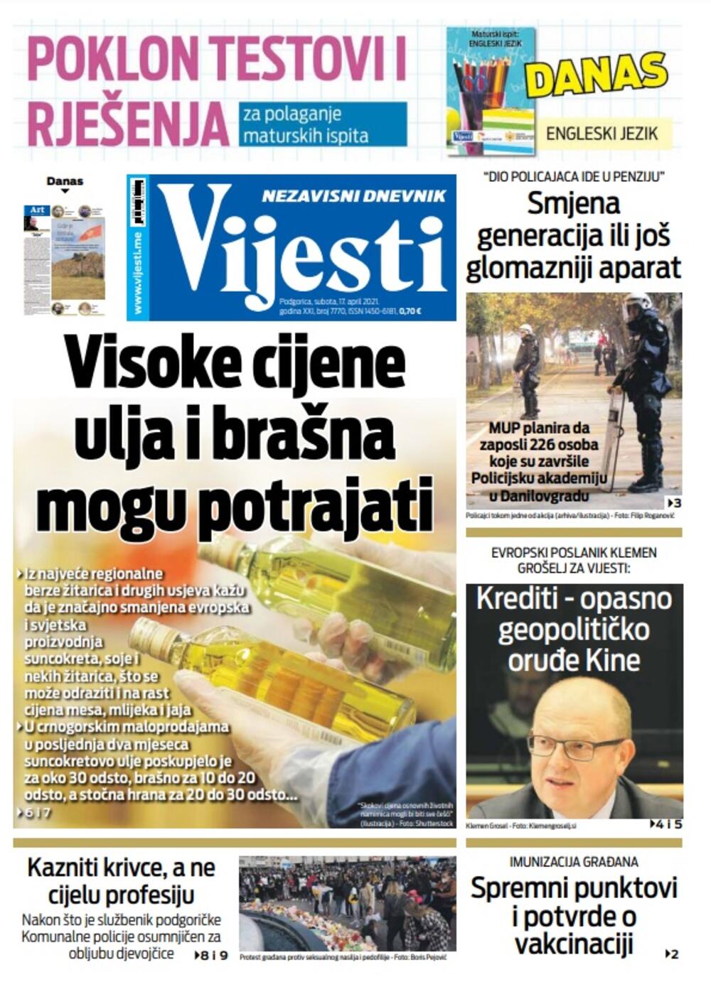 Naslovna strana "Vijesti" za 17.4.2021., Foto: Vijesti