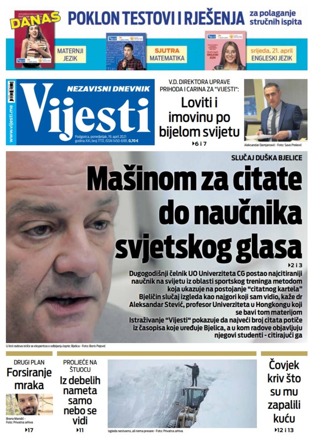 Naslovna strana "Vijesti" za ponedjeljak 19. april 2021. godine, Foto: Vijesti