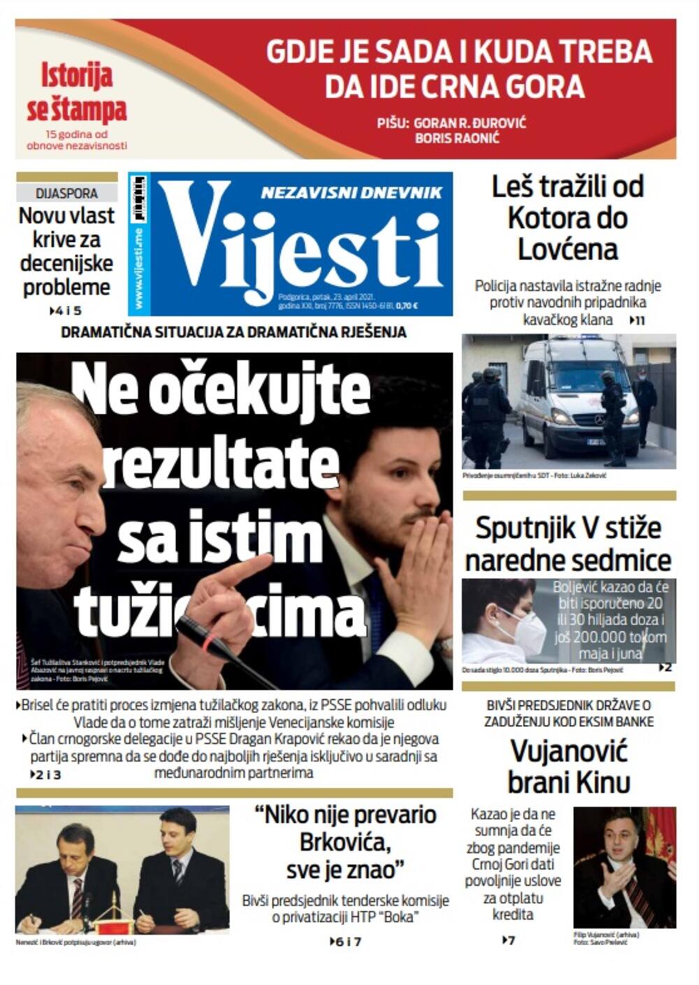Naslovna strana "Vijesti" za 23.4.2021., Foto: Vijesti